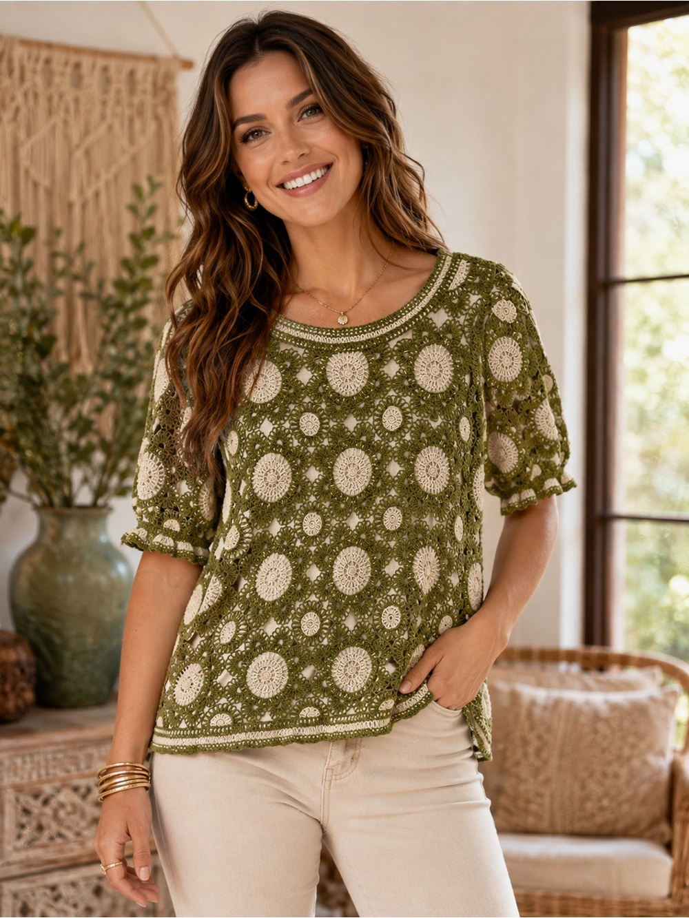 Cato Olive Green Crochet Knit Top with Cream Accents 100% Cotton Size Medium
